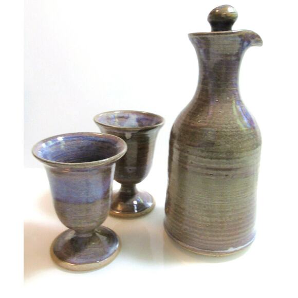 Studio Pottery WINE GOBLETS & DECANTER PITCHER + STOPPER Purple Gray - Picture 2 of 8
